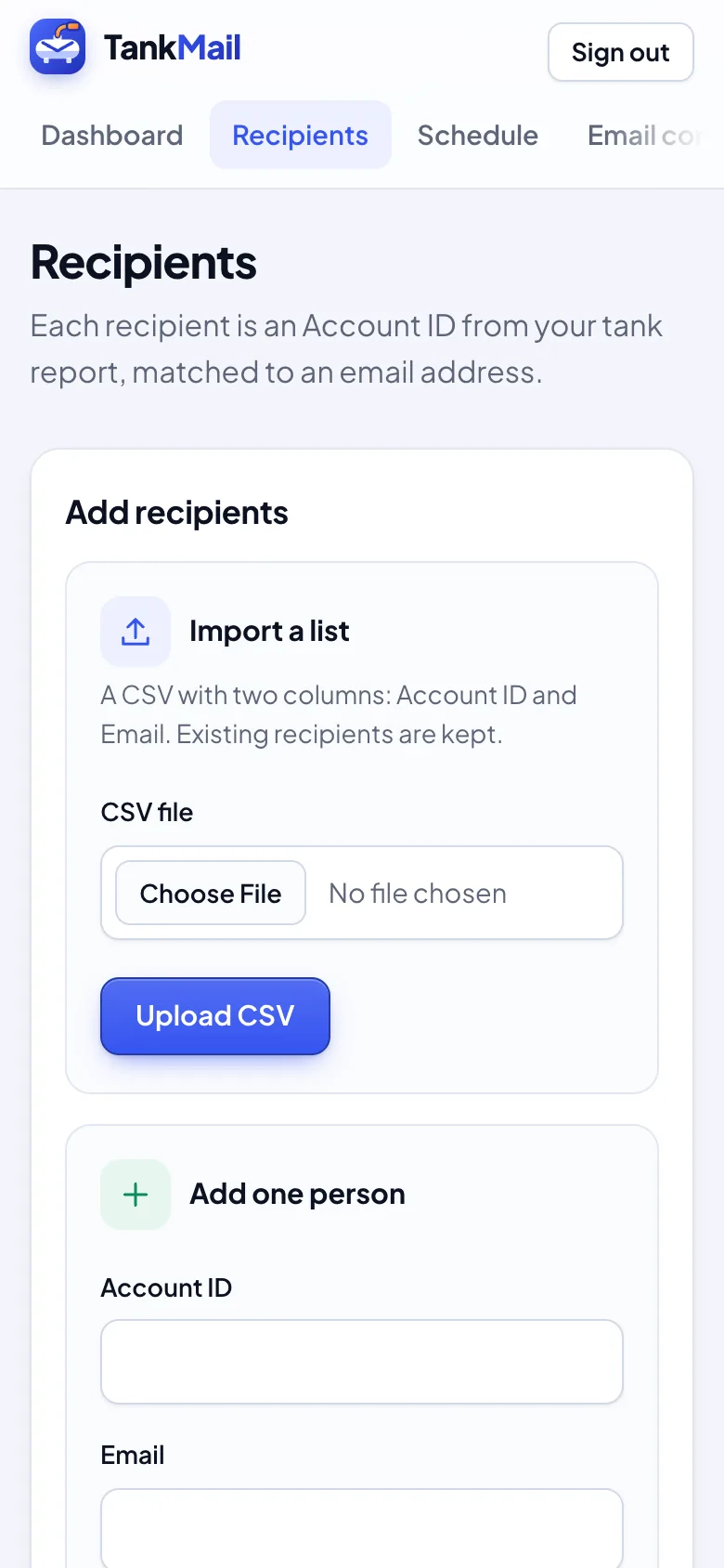 The recipients page on a phone