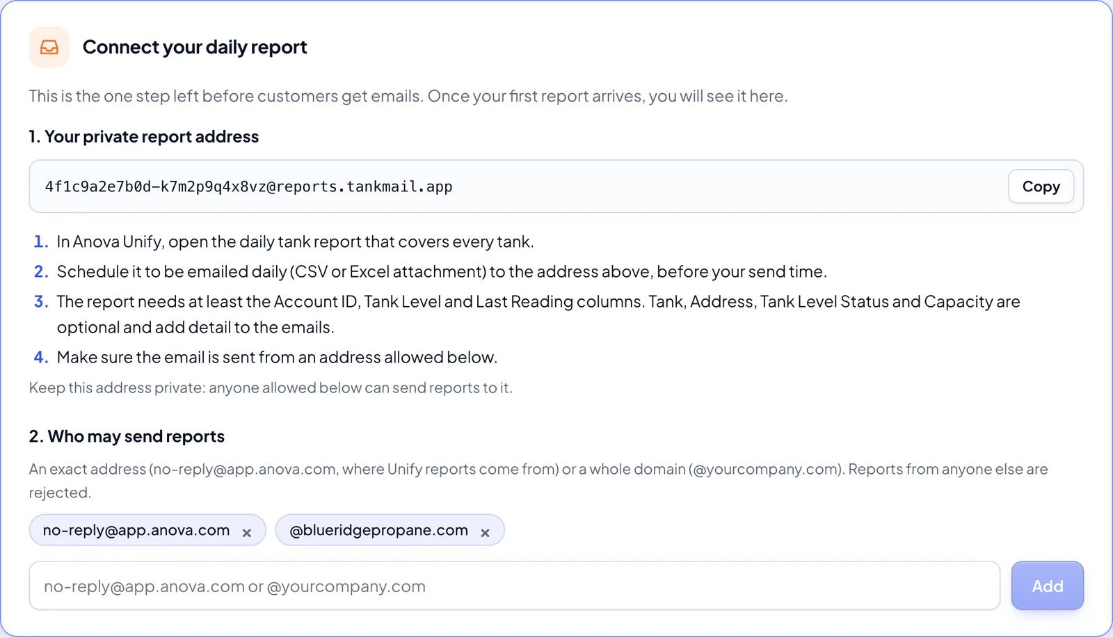 Report setup in the TankMail portal: a private report address with a copy button and Unify steps